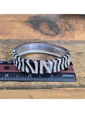 Zebra Print Black Enamel White Rhinestone Silver Bangle Bracelet Clamper Closure